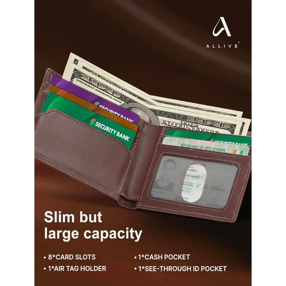 ALLIVE Airtag Wallet for‎ Men Leather Billfold AirTag Holder Vintage Brown